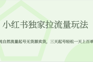 小红书独家拉流量玩法，纯自然流量起号无货源卖货，三天起号轻松一天上百单