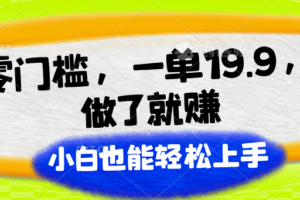 零门槛，一单19.9，做了就赚，小白也能轻松上手