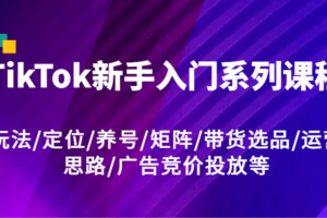 TikTok新手入门系列课程，玩法/定位/养号/矩阵/带货选品/运营思路/广告竞价投放等